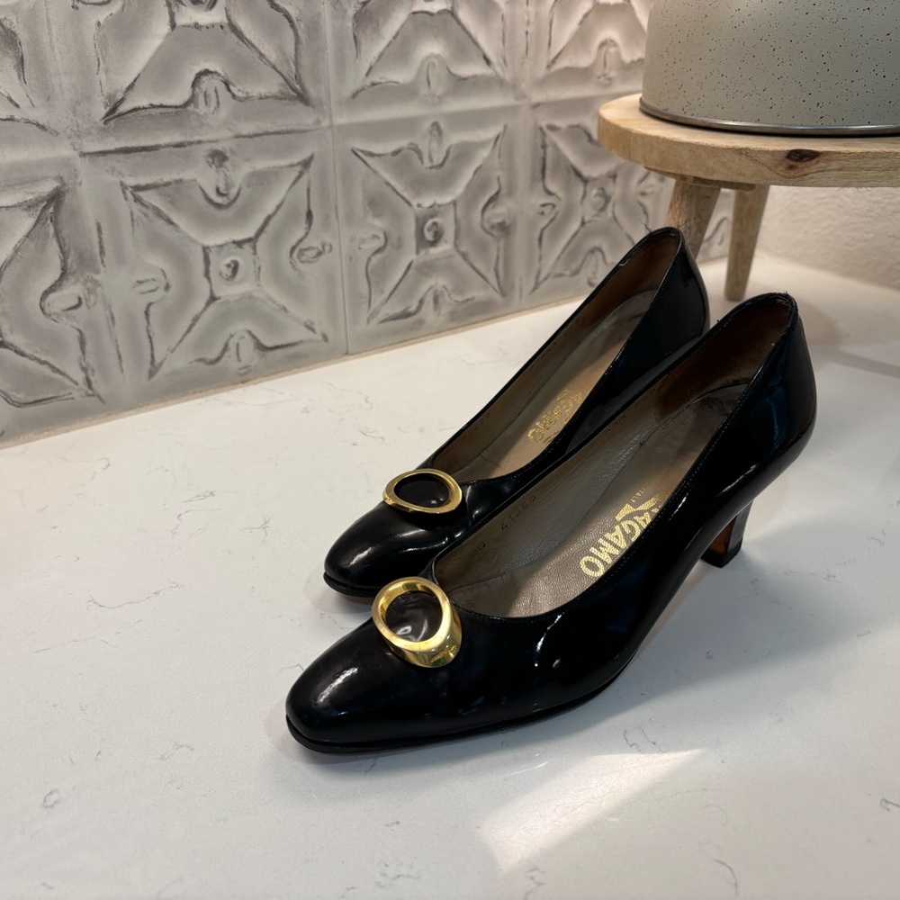 Vintage Salvatore Ferragamo Black Heels with Gold Accents
